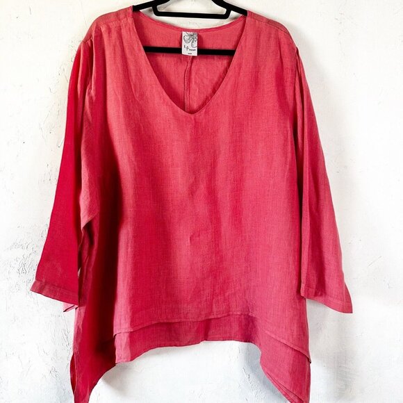 La Fixsun Pink Linen V-neck Tunic Top Drop Pocket Smock Artsy Oversize XL 1X - Picture 1 of 10